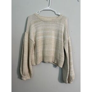Jen's Pirate Booty Sweater Sz S Petite Beige Neutral Puff Sleeve Crop Boho Cute